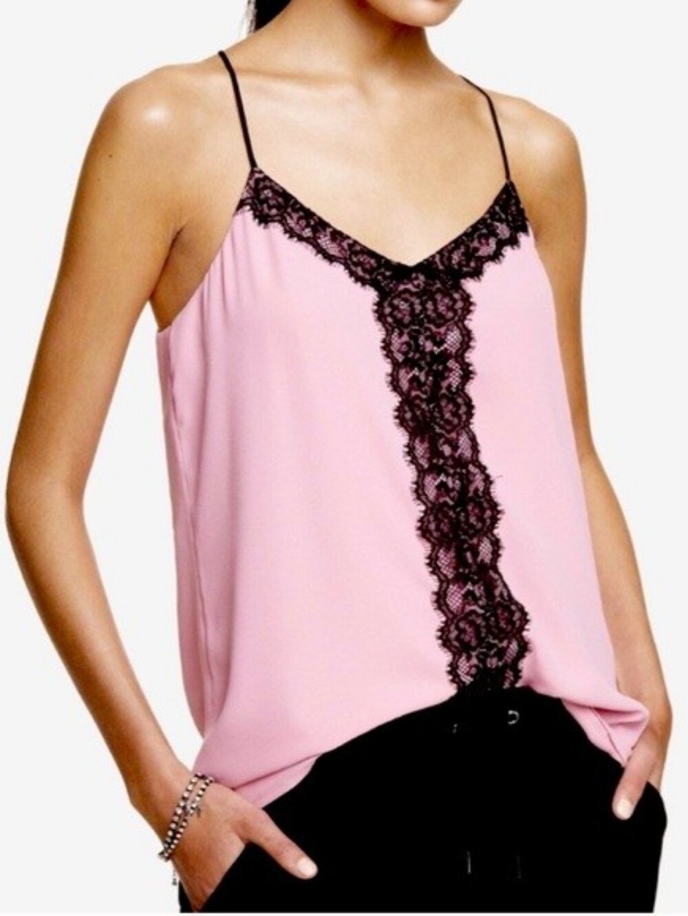 Express Pink Halter Cami with Black Lace Trim